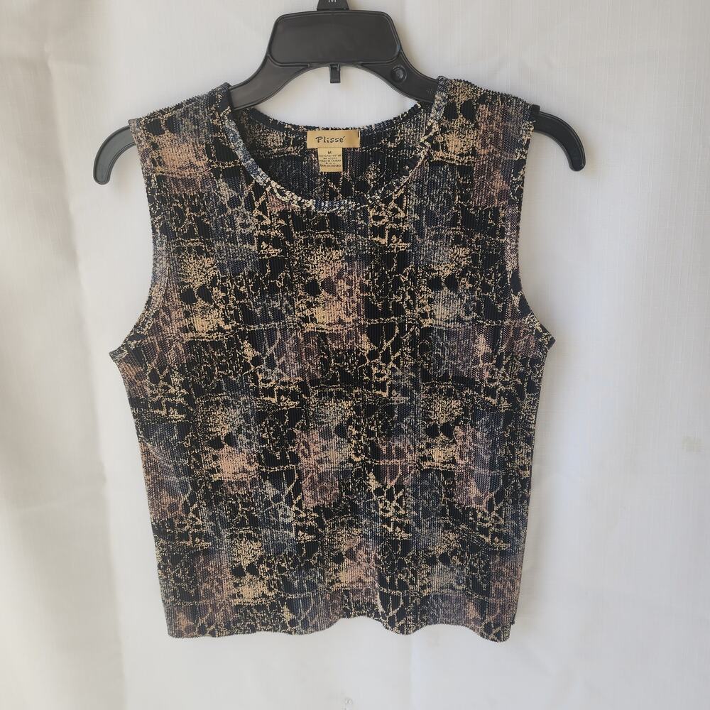 Plisse Vintage Y2K Grunge Abstract Spider Web Style Print Sleeveless Blouse M.